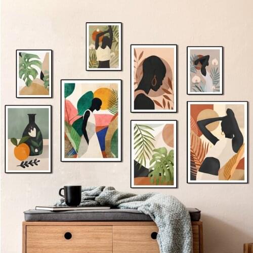 Nordic Posters And Prints African Woman Monstera Palm Vase Abstract Wall Art Canvas Painting Wall Pictures For Living Room Decor