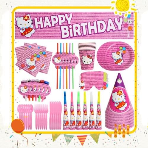 Hello Kitty Supplies Birthday Party Decorations Banner Plates Cups Napkins Blindfold Trumpet Blow Dragon Kids Girls Baby Shower