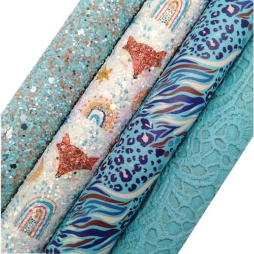 Blue Yellow Glitter leather, Foxes Rainbow Leopard Printed synthetic leather, Lace Faux Leather Sheets For Bow DIY 21x29CM KM787