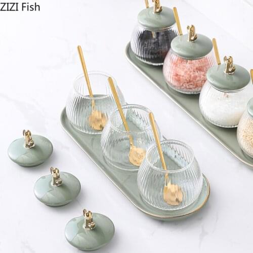 Glass Seasoning Jar Set 3/4 Piece Set with Ceramic Tray Sugar Salt Pepper Storage Tank Modern Home Kitchen Condiment Storage Jar