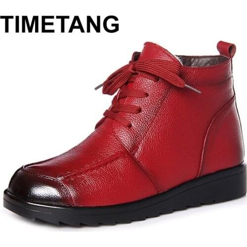 TIMETANG 2021 Genuine Cow Leather Women Ankle Boots Lace Up Round Toe Natural Wool Snow Boots Women Winter Warm Flat Shoes