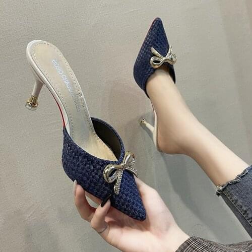 New Bow Half Slippers Muller Baotou High-heeled Shoes New Pointed Stiletto Female High-heeled Pumps Female Fashion Slippers