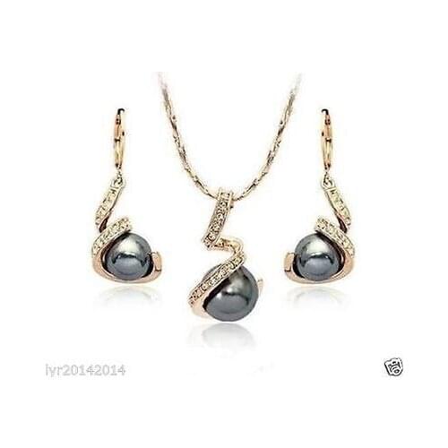 Jewelry wedding yellow gold black shell Pearl Necklace and Earring set>>* watch wholesale Quartz stone CZ crystal