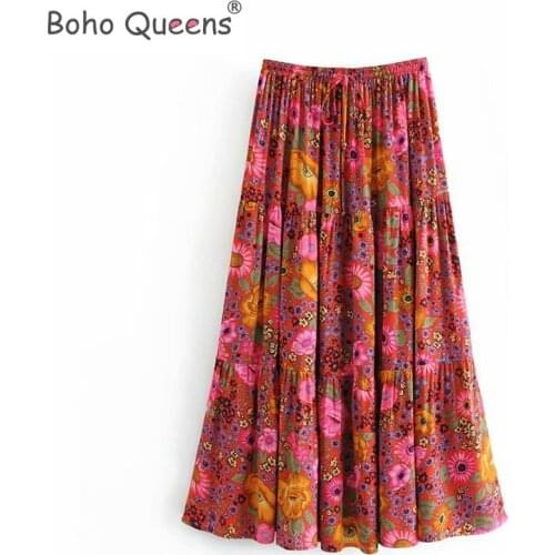 Boho Queens fashion Hippie women beach Bohemian red floral print skirt High Elastic Waist A-Line Boho Maxi Skirt Femme