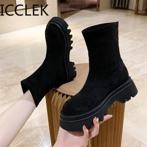 Slip-on Beige Black Women Ankle Boots Elastic Opening Female Short Boots Round Toe Platform Motorcycle Boots Woman Chunky Shoes