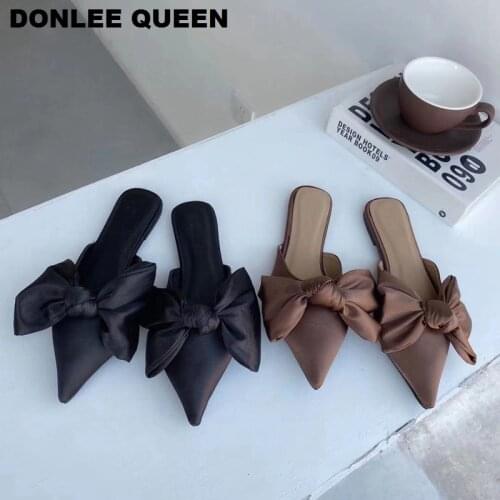 New Women Slippers Silk Bowtie Female Mules Fashion Flat Casual Shoes Pointed Toe Ladies Slides Elegant Woman Slipper Flip Flops