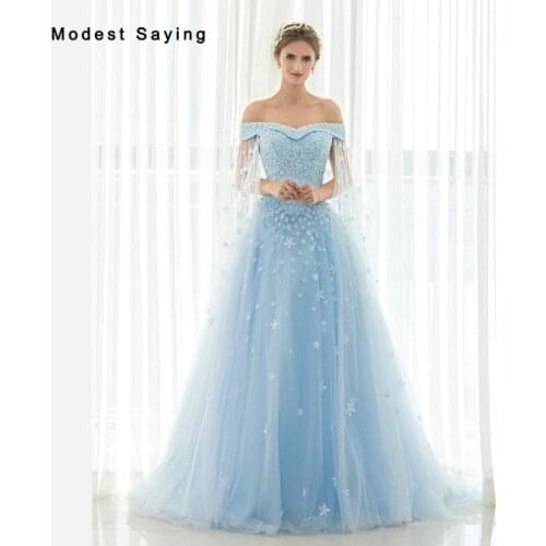 Princess Sky Blue Beaded Lace Flowers Evening Dresses 2017 with Watteau Train Engagement Party Prom Gowns vestido longo de festa