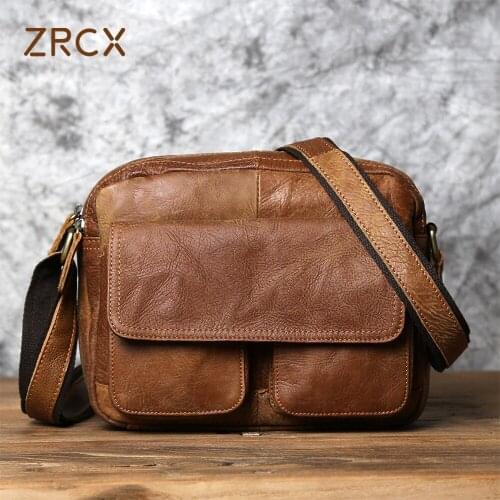ZRCX Men Genuine Leather Messenger Bag Pure Leather Shoulder Bag Retro Minimalist Trend Small Satchel Bag For 10-Inch iPAD