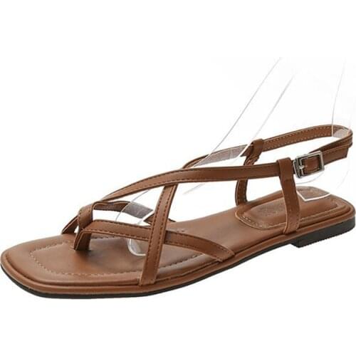 2021 New Fashion Womens Sandals for Summer Solid Retro Flat Females Flip Flops Square Toe Simple Stylish Casual Ladys Shoes