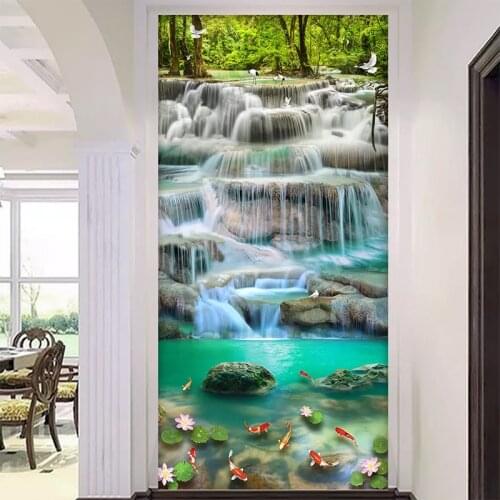 Flowing Water Waterfall Lotus Entrance 3D Mural Wallpaper Living Room Bedroom Hallway Children Room Photo 3D Wall Paper Roll