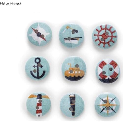 50pcs 2 Hole 2 background colors Navigation Round Wood Buttons Sewing Scrapbooking Clothing Home Decor 15mm