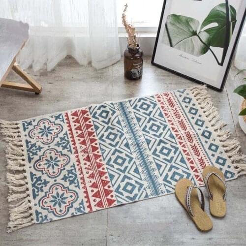 Bohemian Cotton Area Rug Woven Fringe Throw Rugs Print Tassel Geometric Welcome Door Mat Machine Washable Indoor outdoor Floor