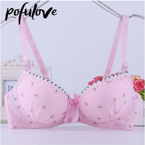 Bra for Teenage Girl Lolita Style Pink Push Up Bras Floral Lace Underwear Cute Sweet Bralette with Underwire Gathered Brasieres