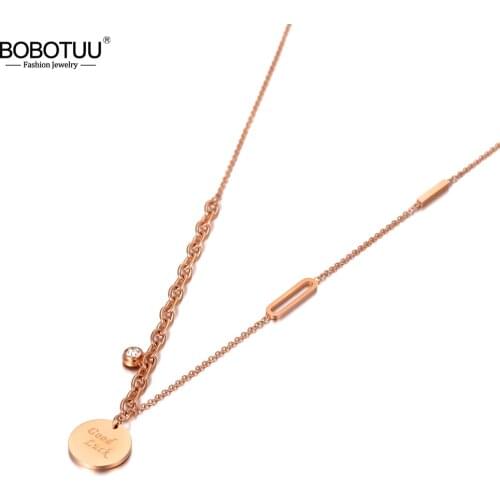 BOBOTUU Trendy Goth Stainless Steel CZ Crystal Good Luck Pendant Necklaces Bohemia Chain Link Choker Necklace For Women BN20061