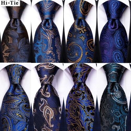Hi-Tie Navy Blue Solid Paisley Silk Wedding Tie For Men Hanky Cufflinks Mens Necktie Set Business Party New Design Dropshipping