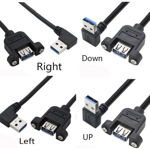USB Cable 3.0 Extension Male to Female extender cable cord Dual Shielded Screw Panel Mount left 90 degree down right 0.25M
