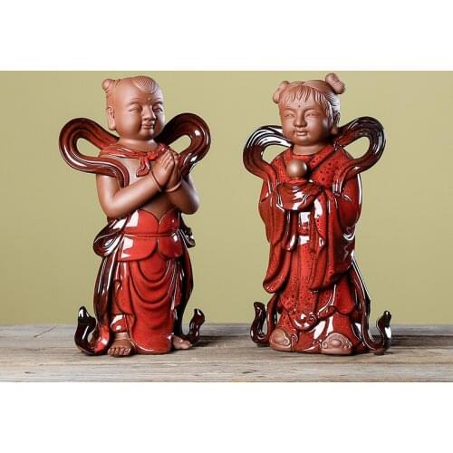 Ceramic Golden Child and Jade Female Buddha Statue Handmade, character painted crafts Home living room lucky decoration statue