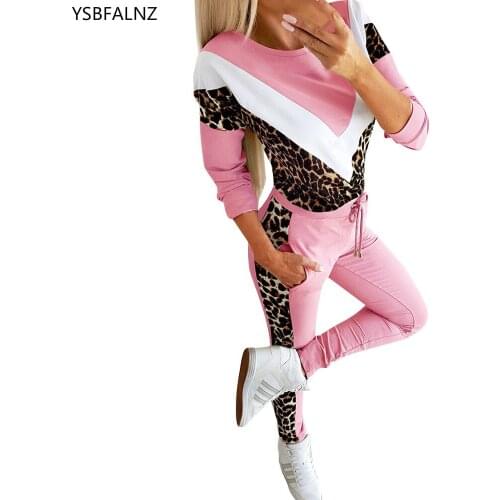 Two Piece Set For Women 2021 Spring Leopard Patchwork Tracksuit Set Lady Autumn Casual Drawstring Jogging + Sweatshirt Female