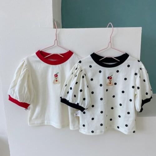 Korean Style New 2021 Summer Baby Girls Cartoon Embroidery T-shirts Puff Sleeve Tops Toddlers Children Cute Tees