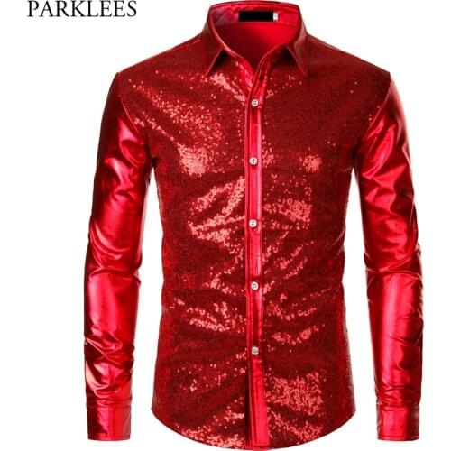 Red Metallic Sequins Glitter Shirt Men 2019 New Disco Party Halloween Costume Chemise Homme Stage Performance Shirt Male Camisa