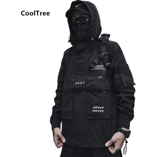 CoolTree Men Jacket Spring Autumn Windproof Breathable Black Grey Hooded Coats Male Multi-pocket Hip Hop Loose Streetwear