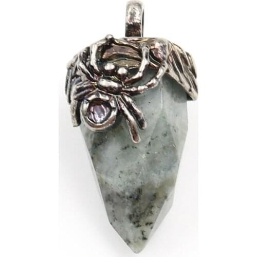 Labradorite Stone Irregular Shape Section Pendant Antique Silver Plated Spider Punk Style Jewelry