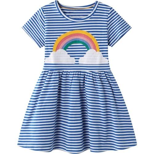 Baby Girls Summer Dress Short Sleeve Casual Rainbow Print Girls Shirt Dresses Little Kids Clothes Children Age 2-7 Years