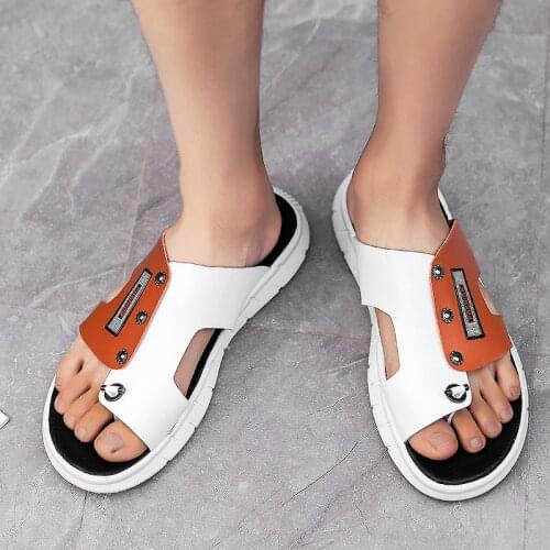 Hot Sale Sandals Men Summer Slippers new Fashion Peep Toe PU Flip Flops Shoes Male Outdoor Non-slip Flat Beach Slides Size 38-46