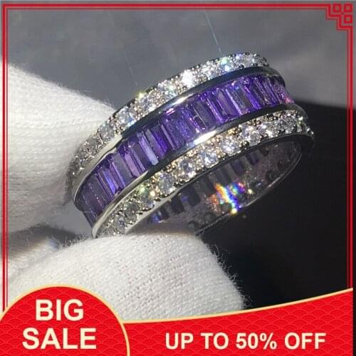 Fashion ring Full princess cut 15ct Purple zircon stone White gold filled Anniversary wedding band rings for women men Bijoux