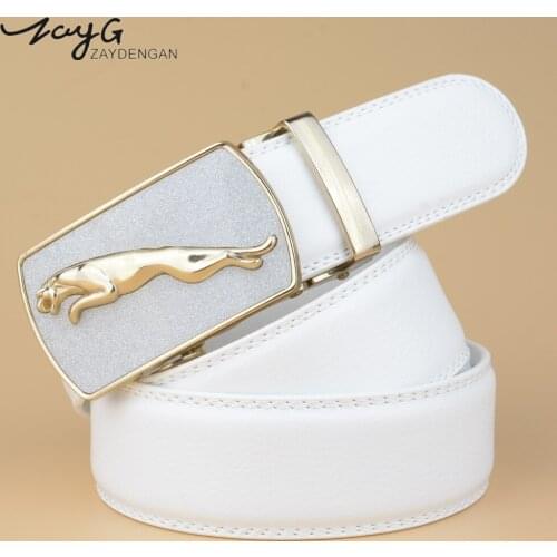 ZAYG Men metal Silver leopard Automatic Buckle Men Cowhide Alloy Buckle Belt Mens white Leather Leisure Business Classic Belt