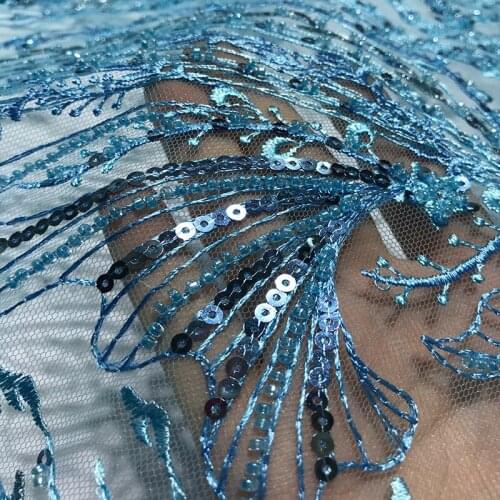 Latest African Guipure Cord Lace Fabric Embroidery On the Grid Blue Tulle with Handmade Beads High Quality Material for Dresses