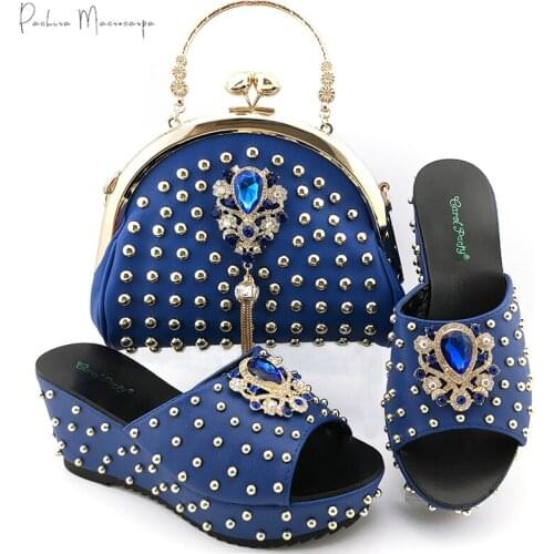 Lastest Royal Blue Color African Crystal Style Nigerian Women Shoes and Bag Set Full of Rivet and Decorated With Rhinestoe