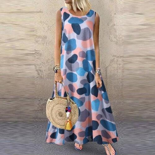New product fashion womens printed dress summer loose sleeveless banquet Dress women round neck stitching floral dress vestidos