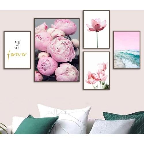 Peony Lotus Tulip Sea Waves Leaf Quote Wall Art Canvas Painting Nordic Posters And Prints Wall Pictures For Living Room Decor