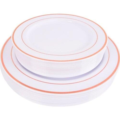 Plastic Party Plates Rose Gold Rim Disposable Heavy Duty Dinner Plates Dessert Appetizer Wedding Birthday Serving Tray 25pcs