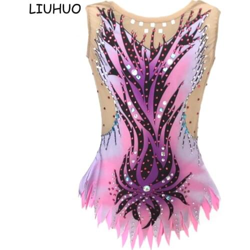 LIUHUO Ice Skating Dress Custom Designs Girls Pink Unitards Rhythmic Gymnastics ballet Shiny Belly Leotards for Youth Dance Team