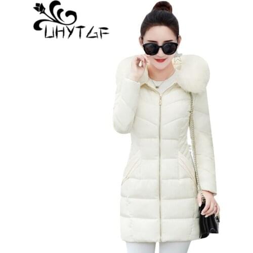 UHYTGF Coat Women Winter Jacket Fashion Long large fur collar down jacket new Korean Warm Down Parka Fur Hooded Jackets Coat 152
