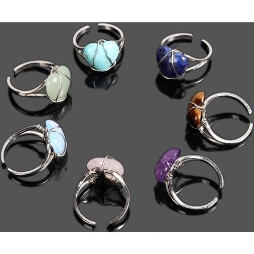 Adjustable Natural Crystal Rings Heart-shape Quartz Stone Wire Winding Couple Personality Ring Handmade Jewelry Accessories