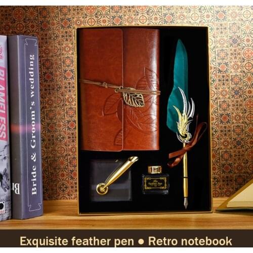 Retro Calligraphy Feather Dip Ink Pen Writing Ink Notebook Set Base Stationery Birthday Gift Box Office School Stationery