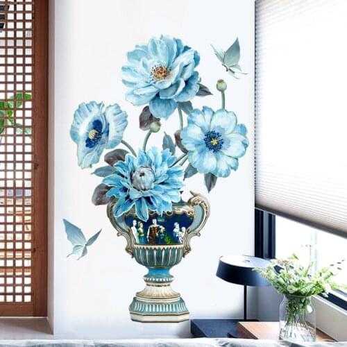 70x110cm Peacock Blue Flower Vase Wall Sticker Butterflies Vintage Bedroom Home Office Decor Living Room Decoration 3D Art Mural
