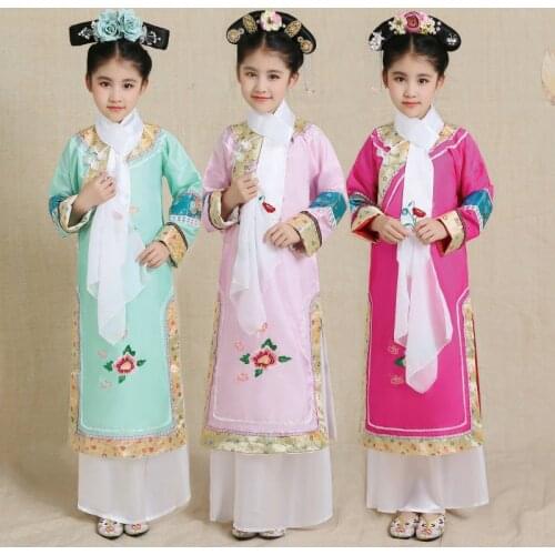 Girl Qing Dynasty Traditional Princess Costume Children Ancient Costume Embroidery Hanfu Ancient Court Dress for Cosplay Stage