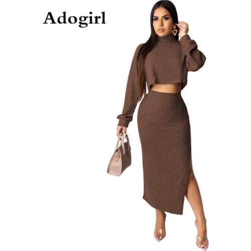 Knitted 2 Pieces Set Skirt Pullover Turtleneck Loose Long Sleeve Crop Top + Side Slit Bodycon Skirt Woman Slim Club Outfits