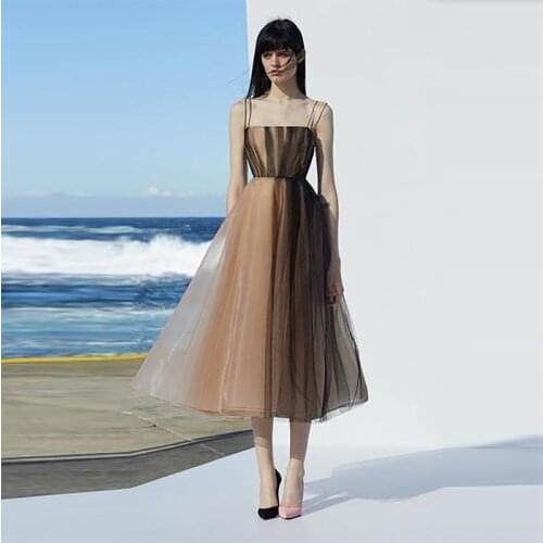 Verngo Vintage Organza Champagne Black A-line Prom Dresses Tea Length Spaghetti Strap Prom Gown