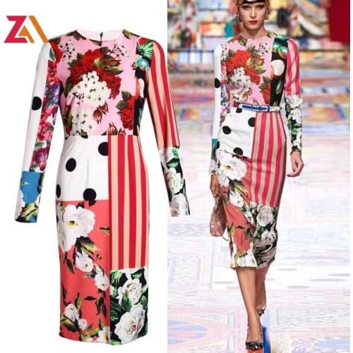 ZALady Runway Summer Autumn Dress Long Sleeve Flower Dots Strip Print Contrast Color Office Ladies elegant bodycon Midi Dresses