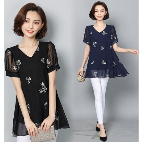 M-6XL New Womens Chiffon Blouse Shirt Summer 2018 Fashion Elegant Butterfly Embroidery Short-sleeve V-neck Loose Tops Plus size