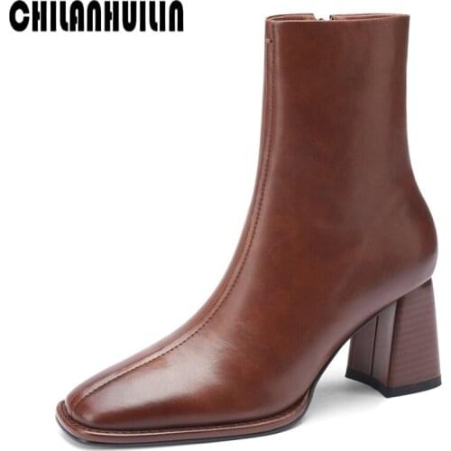 Plus size ankle boots for women pointed toe high heels booties zipper genuine leather party wedding dress pumps bottes botas