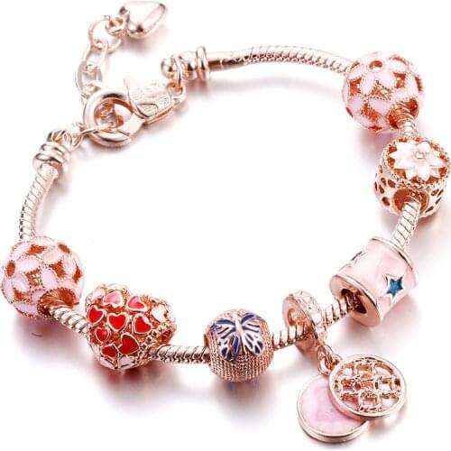 Luxury Rose Gold Women Bracelets Bangle Crystal Bead Crown Tassel Pendant Bracelet Fit DIY Original Charm Femme Jewelry Pulseira