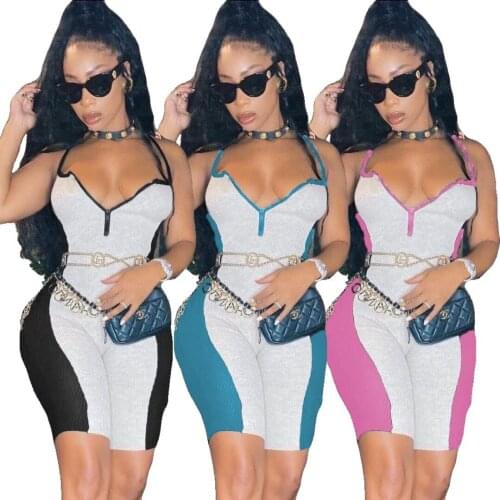 2021 New Classic Fashion Summer New Womens Summer New Pit Strip Zipper Suspenders V-Neck Stitching Sexy Jumpsuit