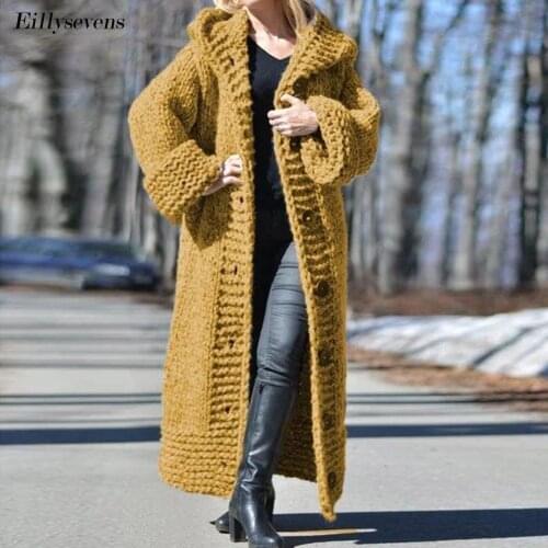 Lady Autumn Hooded Cardigan Knitted Sweater Women Solid Coat 2020 New Thick Warm Long Sleeve Knit Weave Long Tops Pull Femme