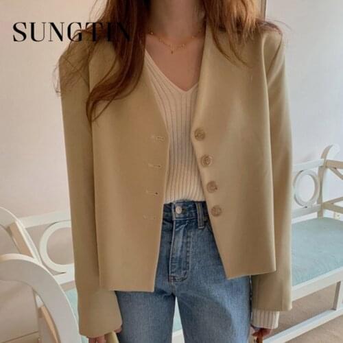 Sungtin Vintage V Neck Blazer Women Korean Cropped Loose Elegant Blazer Coats Solid Office Lady Casual Jacket Suit OL Chic 2021